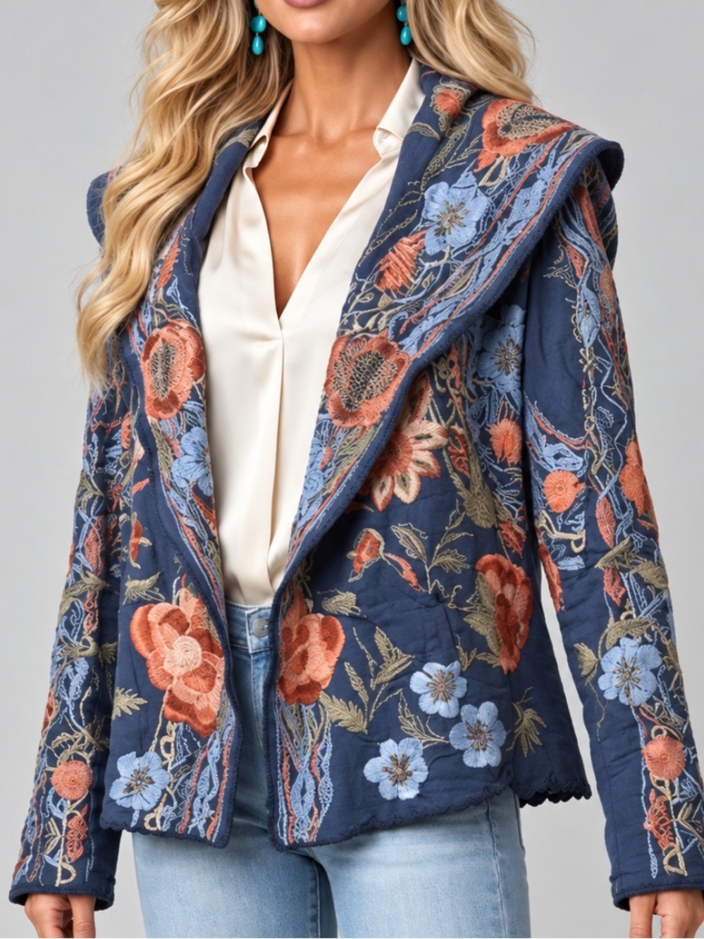 Johnny Was metallic thread Syelles Embroidered
Hoodie Jacket Indigo NWT RARE